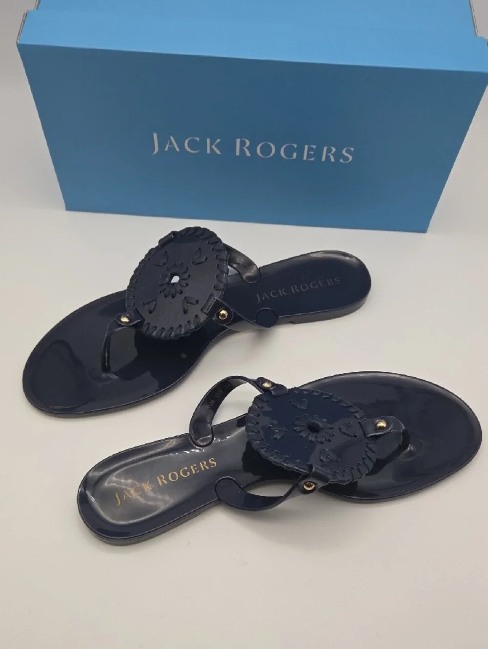 Jack Rogers Navy Patent Jelly Sandals with Woven Medallion